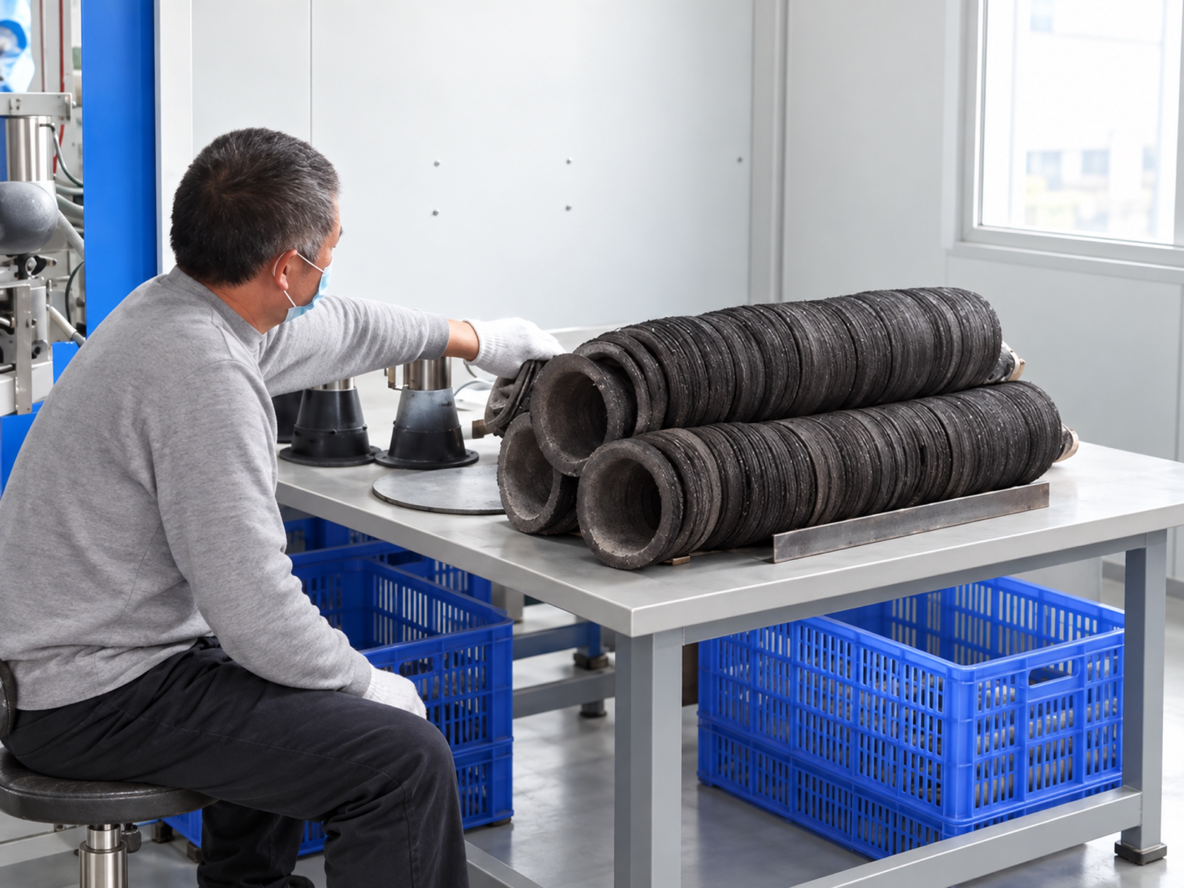 Worker preparing circular components