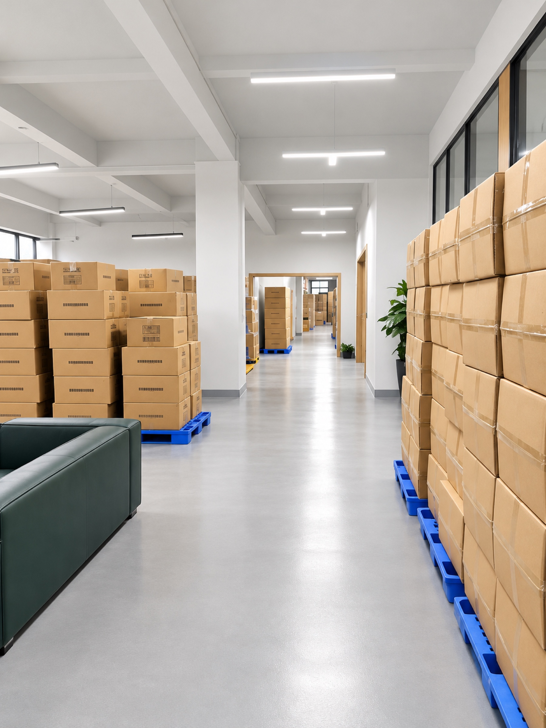 Warehouse aisle with packed cartons