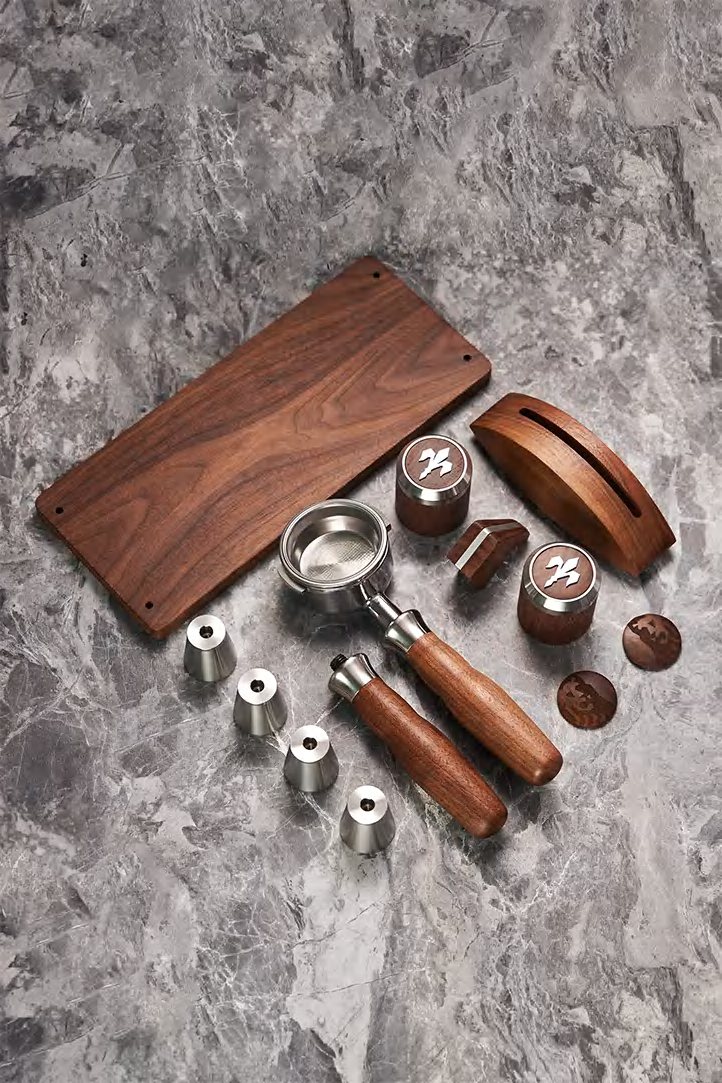 Walnut portafilter and machine upgrade set on marble